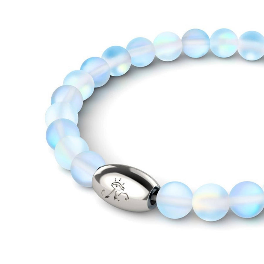 NOGU Mermaid Glass™ Studio beaded bracelet with luminous pale blue glass beads and a polished stainless steel logo clasp.