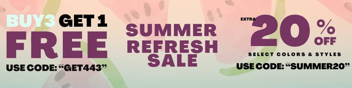 Promotional banner for Buy 3 get 1 free with code GET443 and 20% off with SUMMER20