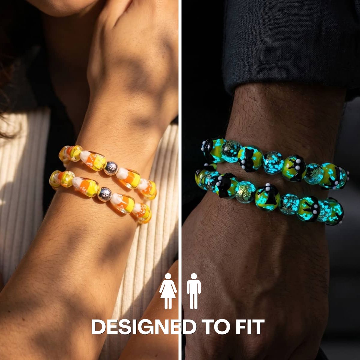 Two NOGU glass bead bracelets styled on wrists, one in sunny yellow and orange and one in turquoise, black and green.