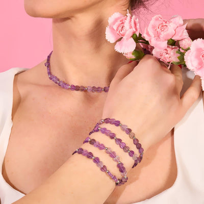 Amethyst | heart shaped purple amethyst beads stretch bracelet and necklace with white gold charm, .925 sterling silver by NOGU