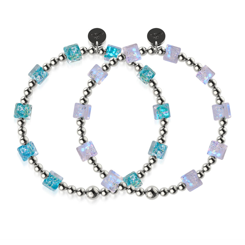Teal Sorbet Firework Glass Cube Bracelet 2 Set