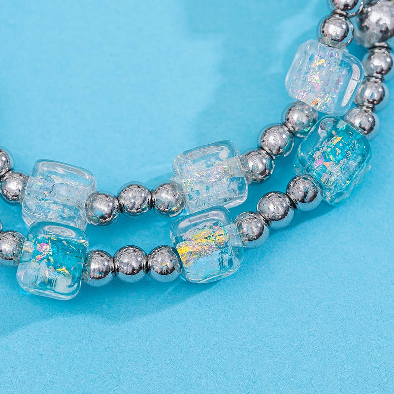 Teal Sorbet Firework Glass Cube Bracelet 2 Set