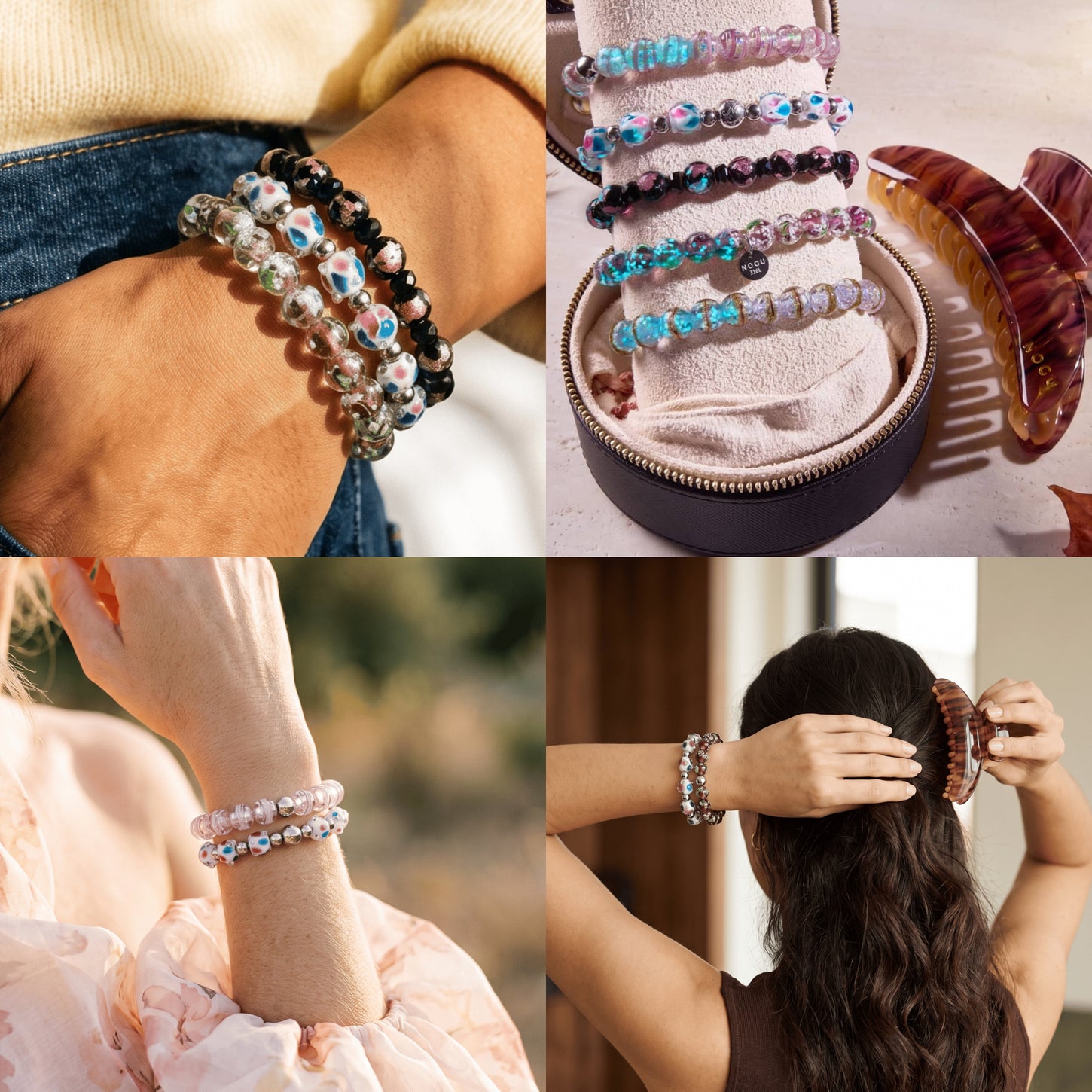 NOGU autumn blush beaded bracelets in pink, turquoise, black and clear glass, styled with a tortoiseshell hair claw.
