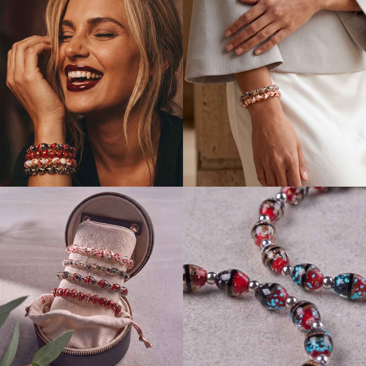 NOGU red, white and turquoise beaded stretch bracelets with polished silver-tone accents, styled in a vibrant stack.