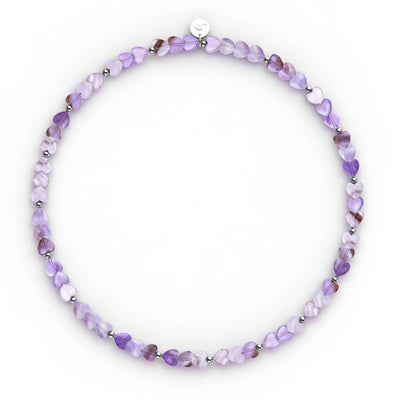Amethyst | heart-shaped purple amethyst beads with silver spacers on stretch cord, .925 sterling silver charm by NOGU