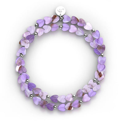 Amethyst | heart shaped purple amethyst beads on stretch cord with white gold charm, .925 sterling silver by NOGU