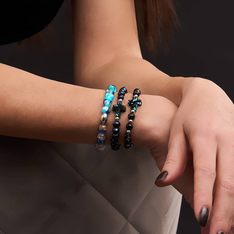 Obsidian | Silver | Firefly Glass Cross Bracelet