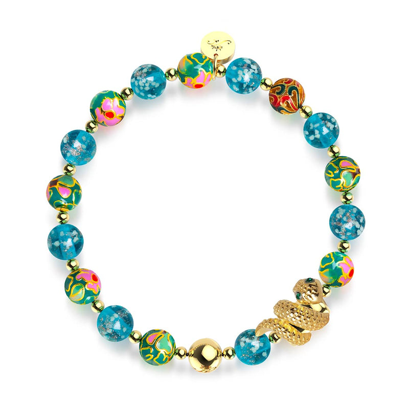 Sea Dragon | Enamel Lotus | Teal Firefly Glass Serpent Bracelet