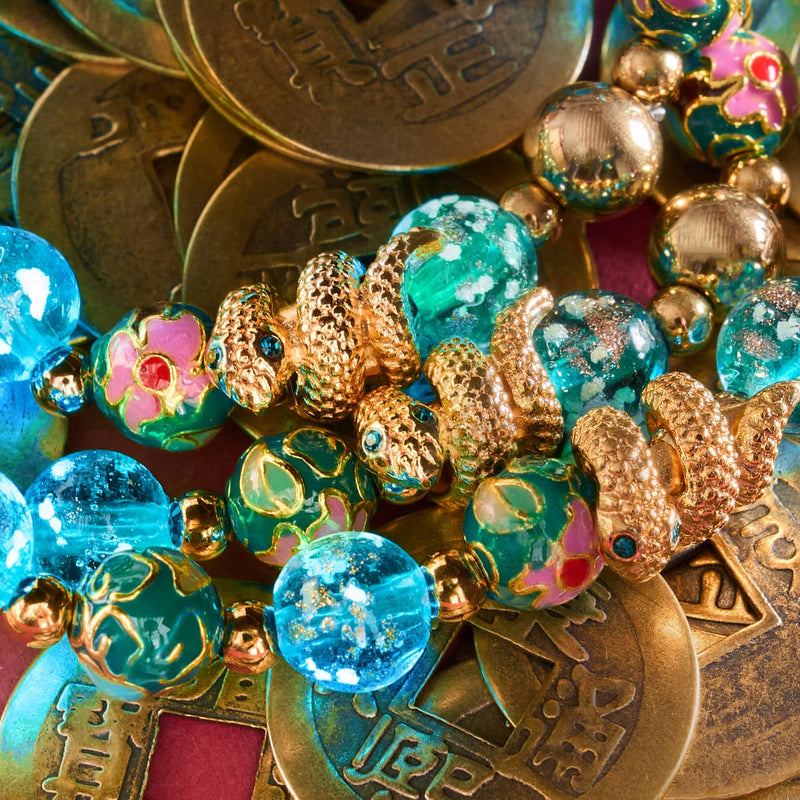 Sea Dragon | Enamel Lotus | Teal Firefly Glass Serpent Bracelet
