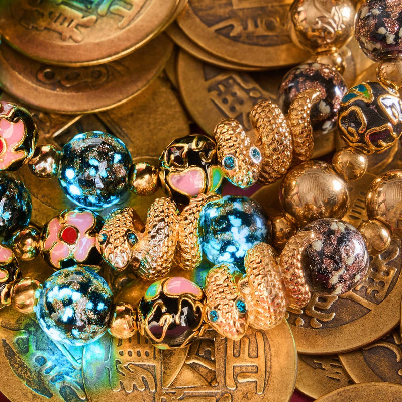 Shadow Dragon | Enamel Lotus | Onyx Firefly Glass Serpent Bracelet