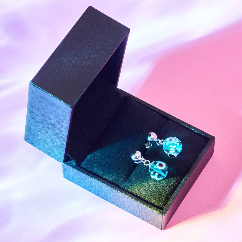 Teal | .925 Sterling Silver | Firefly Glass Evil Eye Drop Stud Earrings