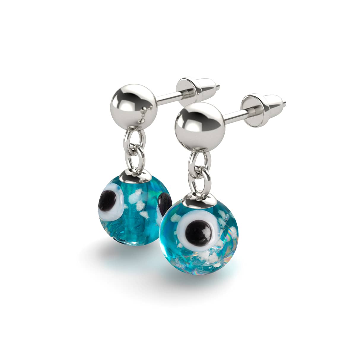 Teal Sterling Silver Firefly Glass Evil Eye Drop Stud