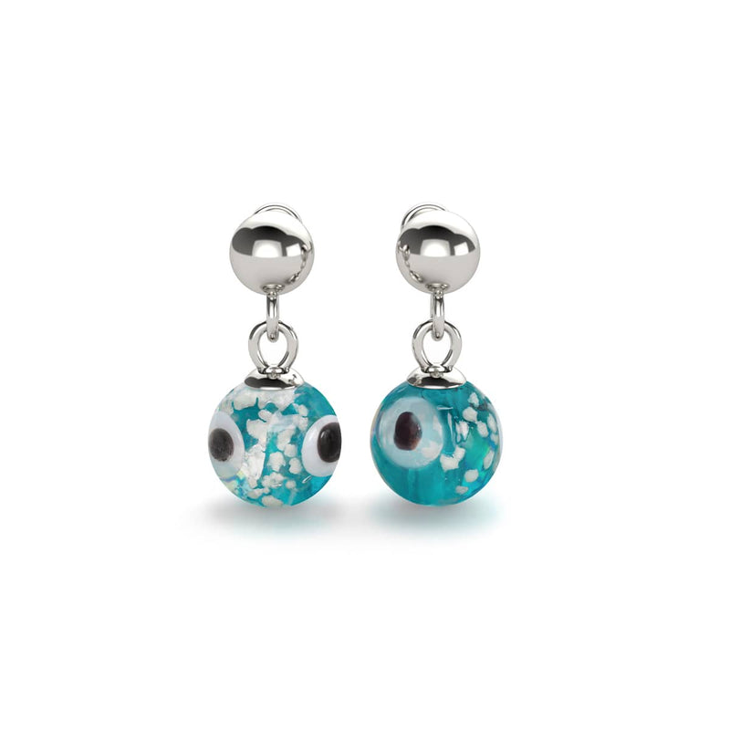 Teal | .925 Sterling Silver | Firefly Glass Evil Eye Drop Stud Earrings