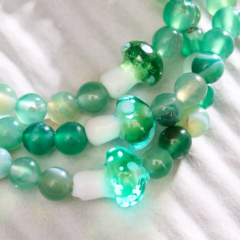 Green Agate | .925 Sterling Silver | Firefly Glass Mushroom Gemstone Bracelet
