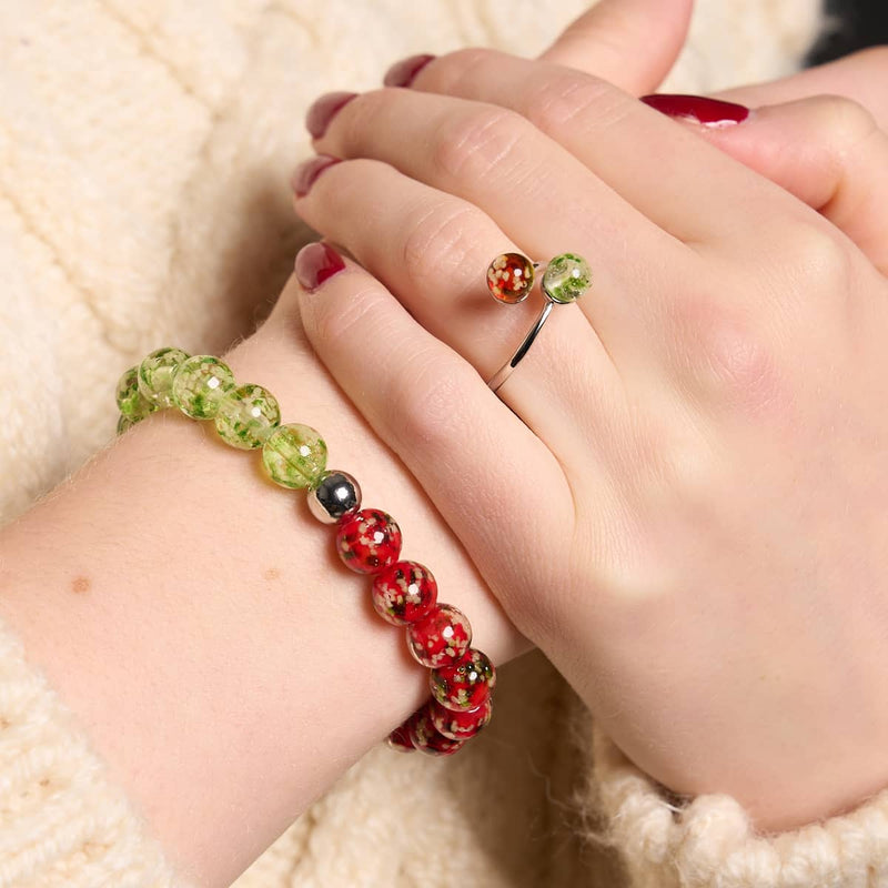 Red Holly x Frosted Mistletoe | .925 Sterling Silver | Firefly Glass | Infinity Helix Ring