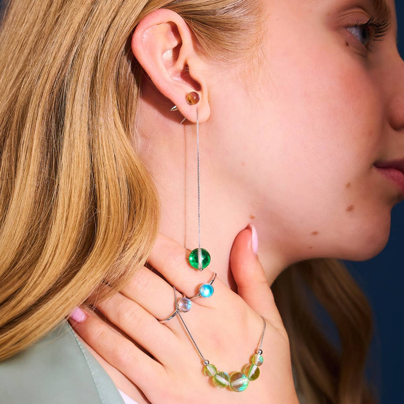 Emerald Moon | .925 Sterling Silver | Galaxy Glass Chain Drop Threader Earrings