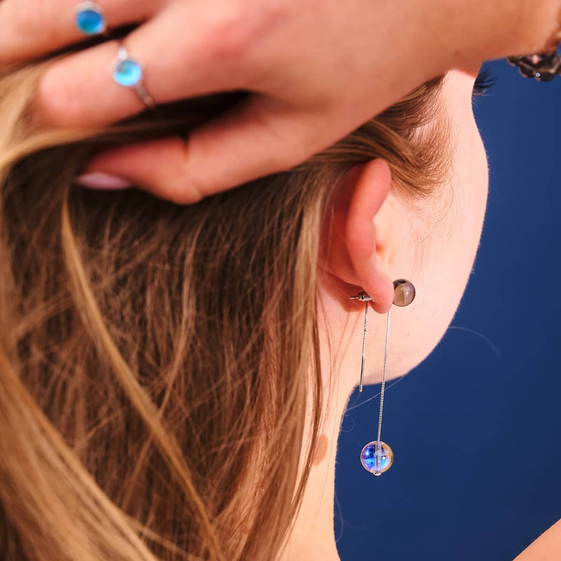 Lunar Tide | .925 Sterling Silver | Galaxy Glass Chain Drop Threader Earrings