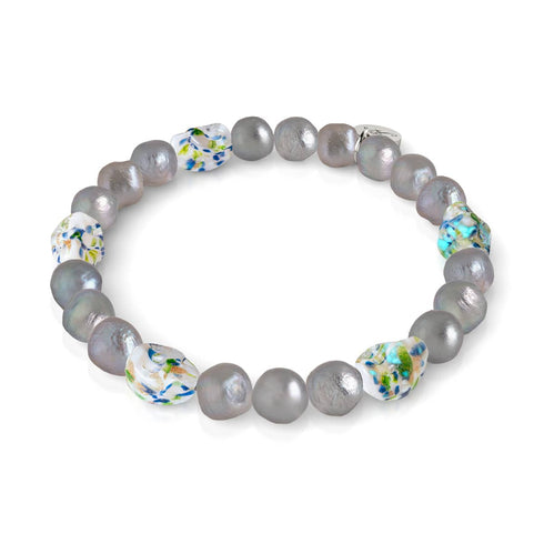 Ethereal Gloom | .925 Sterling Silver | Opal Silver Freshwater Pearl x Firefly Glass Skull Bracelet