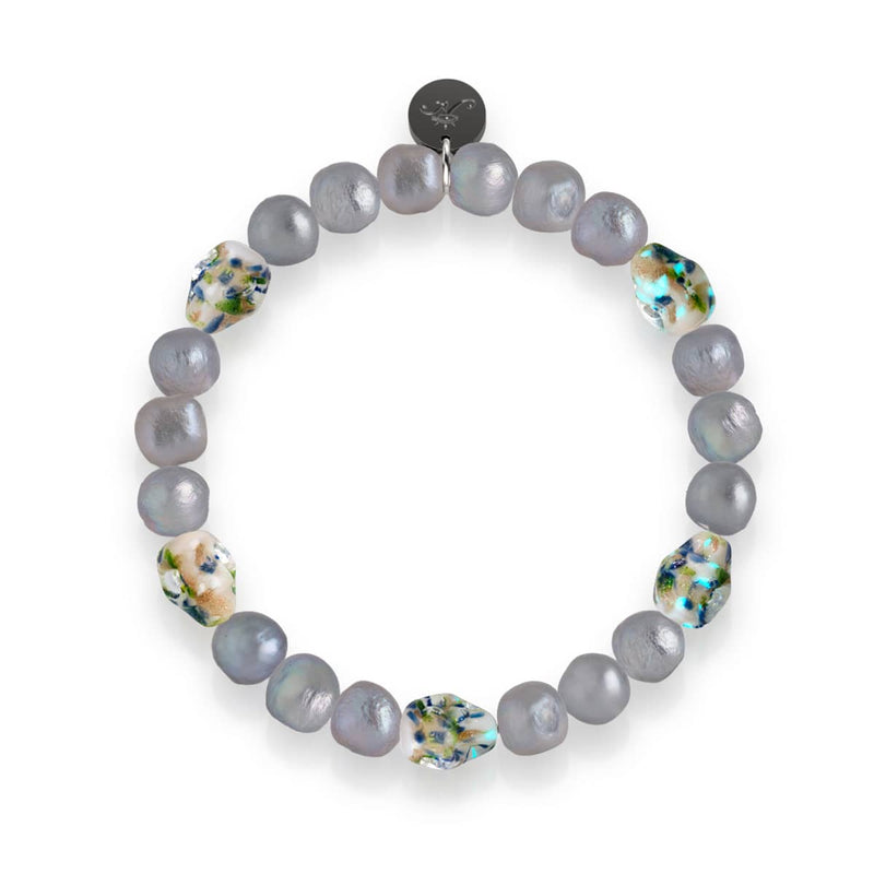 Ethereal Gloom | .925 Sterling Silver | Opal Silver Freshwater Pearl x Firefly Glass Skull Bracelet