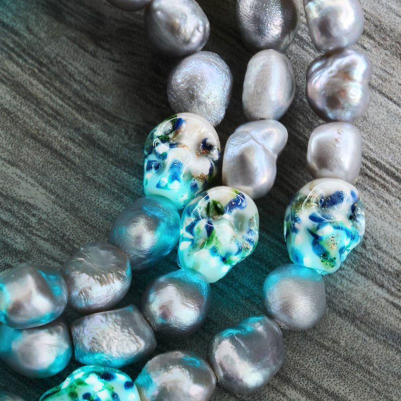 Ethereal Gloom | .925 Sterling Silver | Opal Silver Freshwater Pearl x Firefly Glass Skull Bracelet