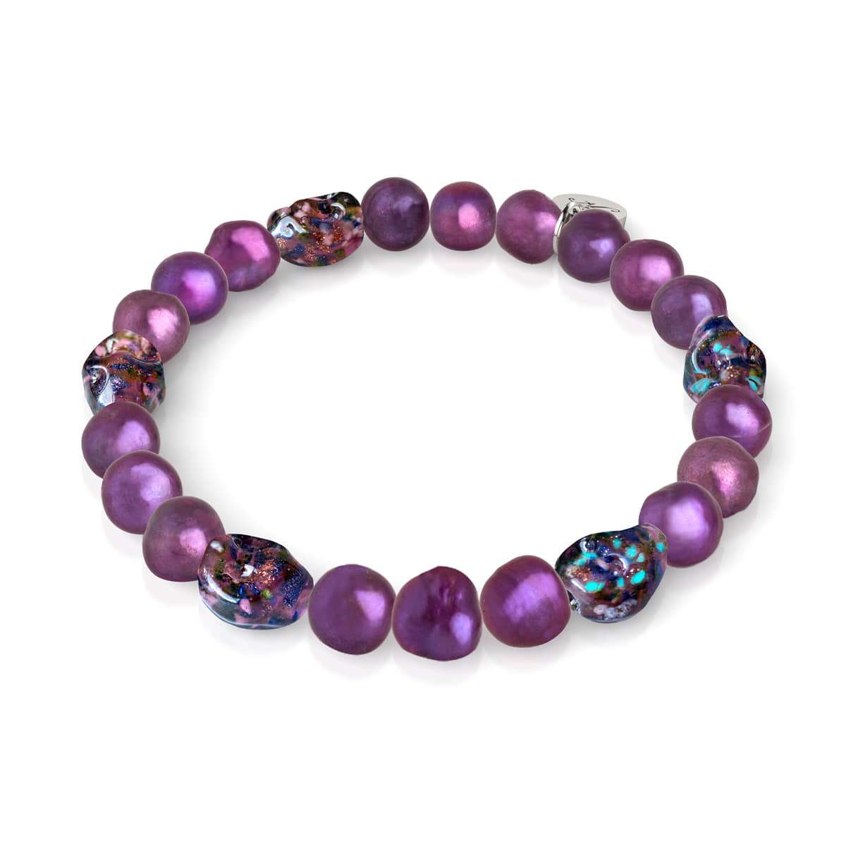 Violet Shadows | .925 Sterling Silver | Purple Freshwater Pearl x Firefly Glass Skull Bracelet