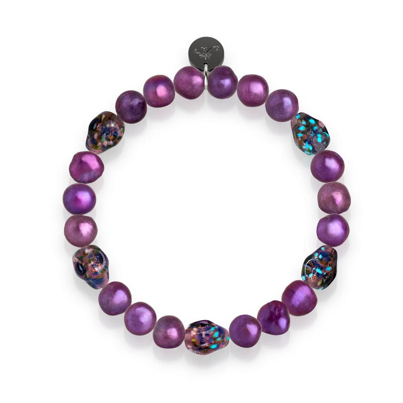 Violet Shadows | .925 Sterling Silver | Purple Freshwater Pearl x Firefly Glass Skull Bracelet