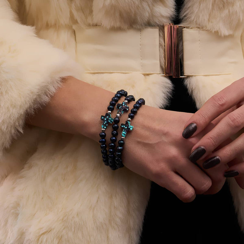 Joan of Arc | .925 Sterling Silver | Obsidian Firefly Glass x Black Freshwater Pearl Cross Bracelet