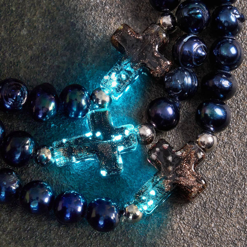Joan of Arc | .925 Sterling Silver | Obsidian Firefly Glass x Black Freshwater Pearl Cross Bracelet