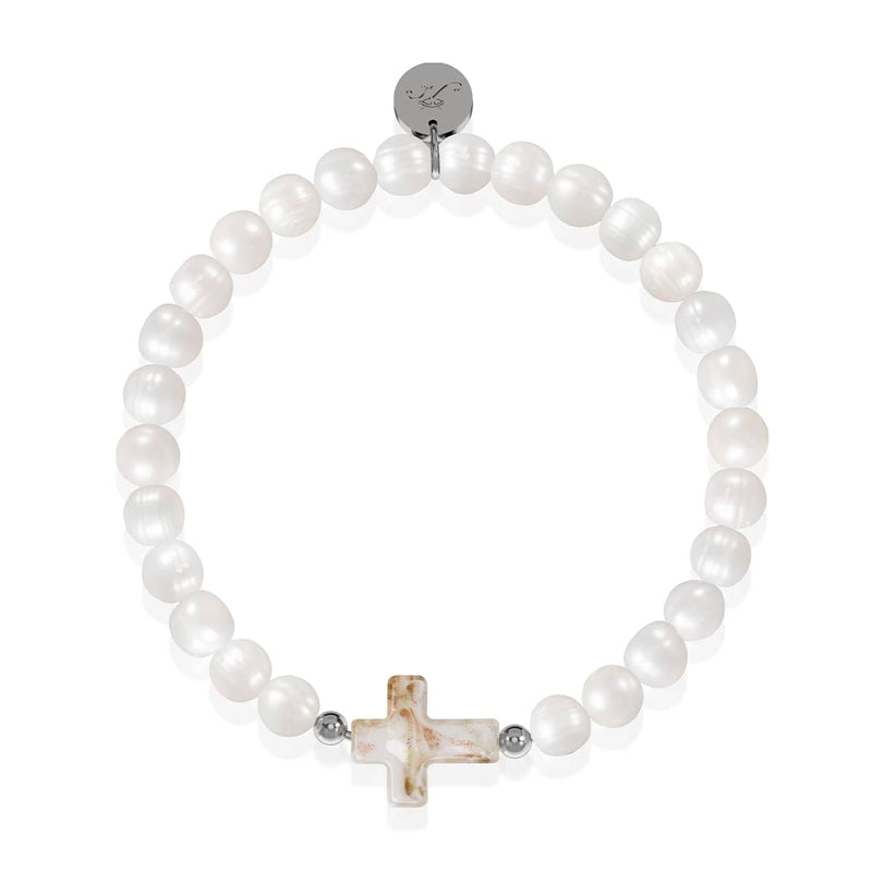 St. Amanda | .925 Sterling Silver | Alabaster Firefly Glass x Ivory Freshwater Pearl Cross Bracelet