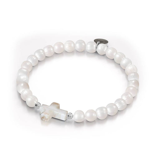 St. Amanda | .925 Sterling Silver | Alabaster Firefly Glass x Ivory Freshwater Pearl Cross Bracelet