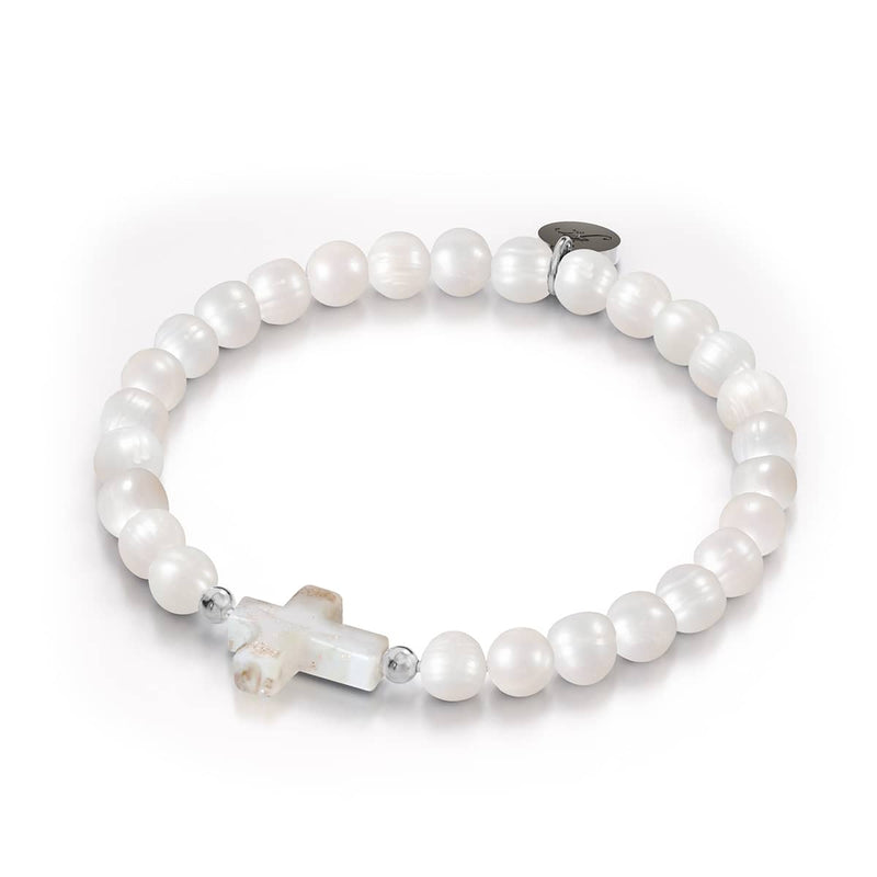 St. Amanda | .925 Sterling Silver | Alabaster Firefly Glass x Ivory Freshwater Pearl Cross Bracelet