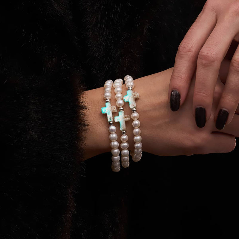 St. Amanda | .925 Sterling Silver | Alabaster Firefly Glass x Ivory Freshwater Pearl Cross Bracelet