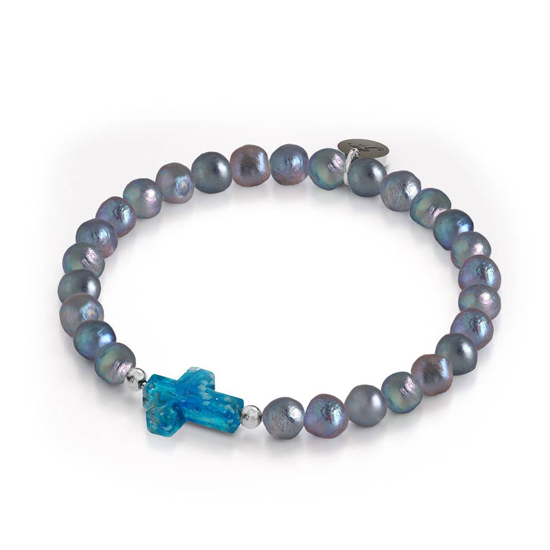 St. Ambrosia | .925 Sterling Silver | Turquoise Firefly Glass x Holographic Freshwater Pearl Cross Bracelet
