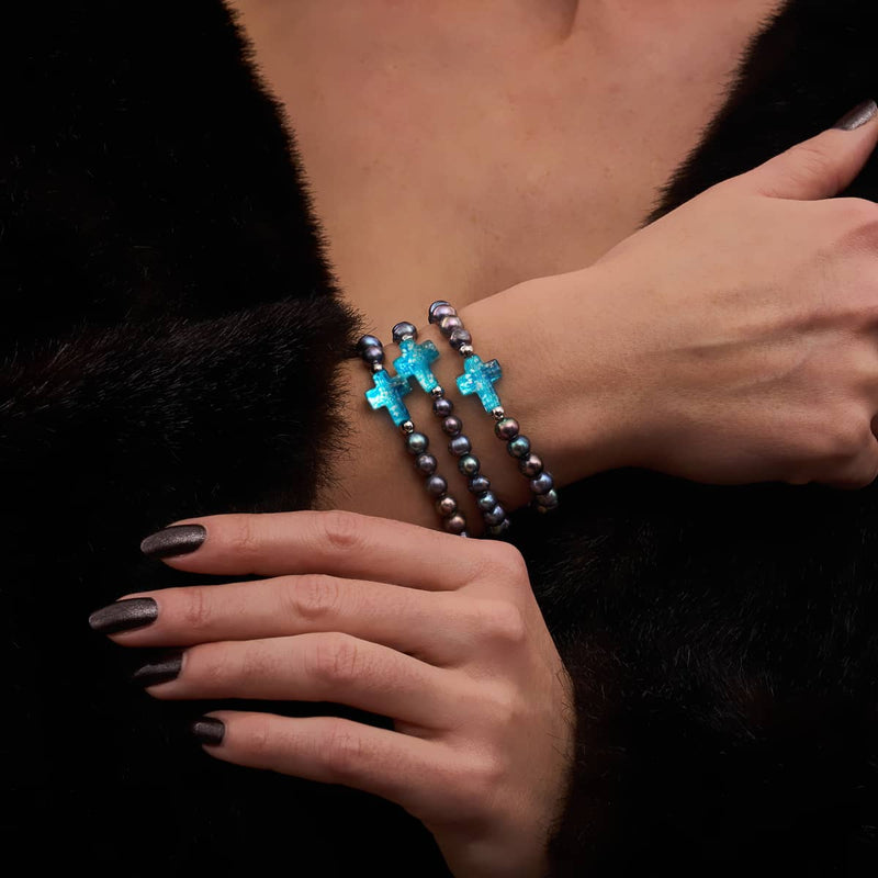 St. Ambrosia | .925 Sterling Silver | Turquoise Firefly Glass x Holographic Freshwater Pearl Cross Bracelet