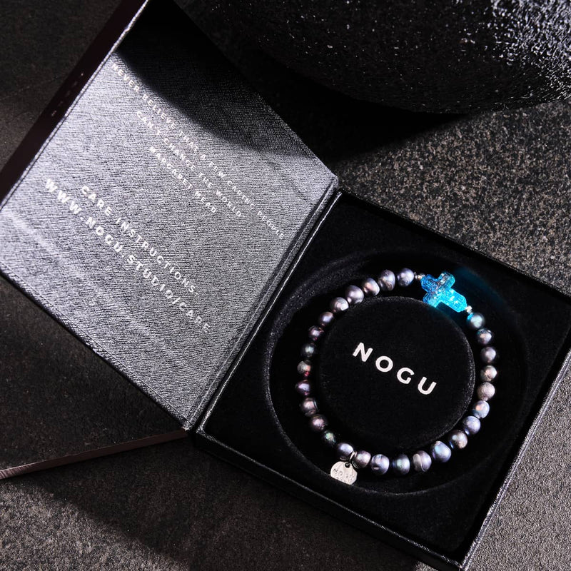 St. Ambrosia | .925 Sterling Silver | Turquoise Firefly Glass x Holographic Freshwater Pearl Cross Bracelet