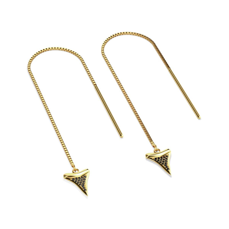 Shark Tooth Chain Drop Threader Earrings by Lauren Howe | .925 Sterling Gold Vermeil | Black Crystal