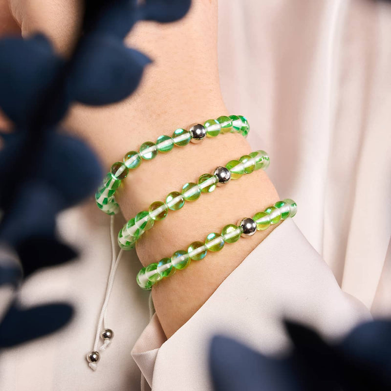 Verdant Moon | Silver | Galaxy Glass Macrame Bead Bracelet