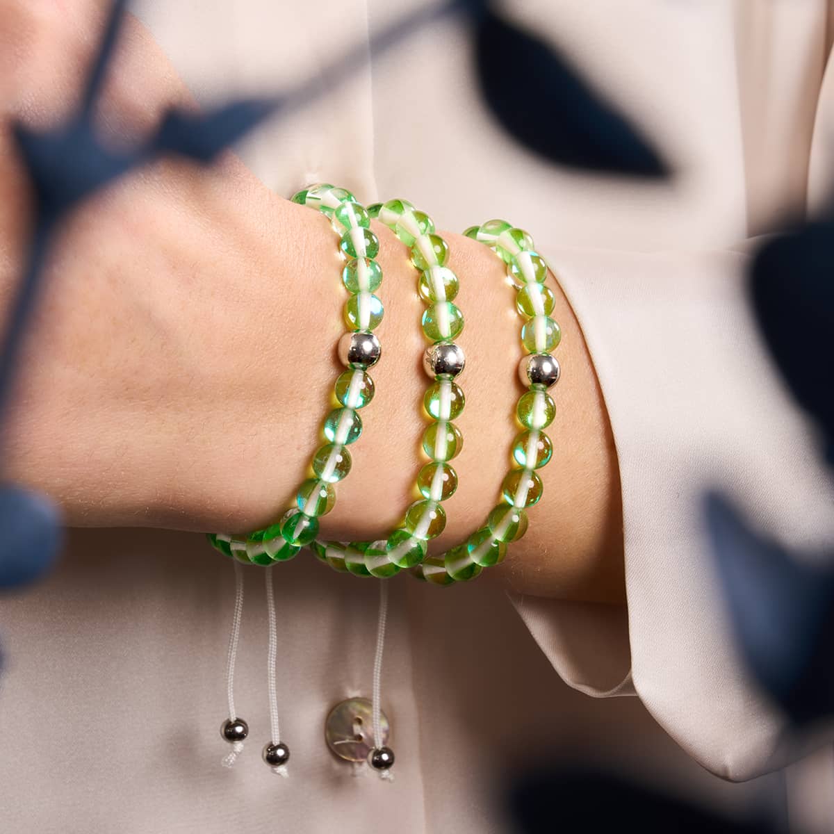 Verdant Moon | Silver | Galaxy Glass Macrame Bead Bracelet