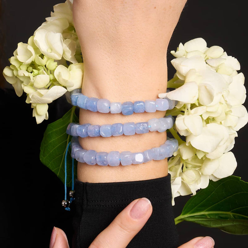 Light Blue Quartz | Silver | Gemstone Pebble Macrame Bracelet
