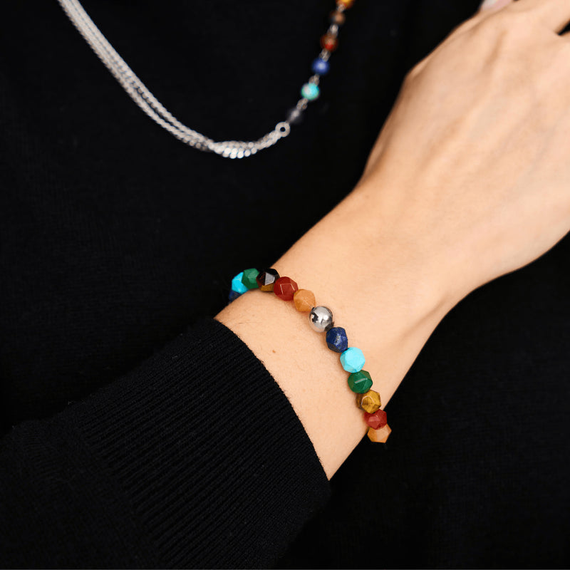 Rainbow Chakra | 7 Gemstone Geom Bracelet | Unicorn Silver