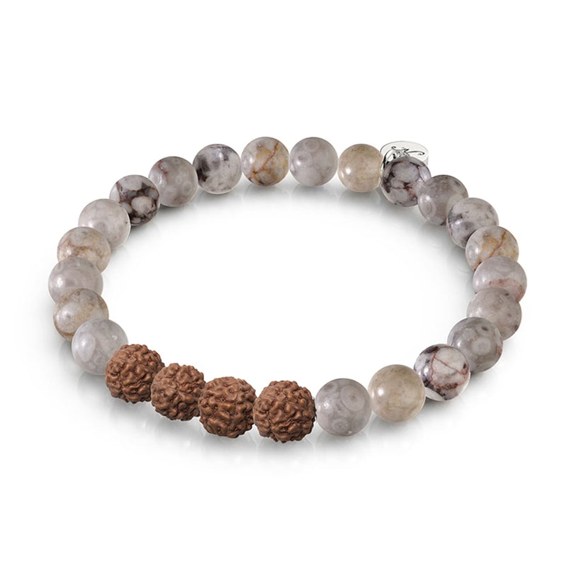 Higher Self | White Line Brown Agate x Rudraksha | Mala Bracelet