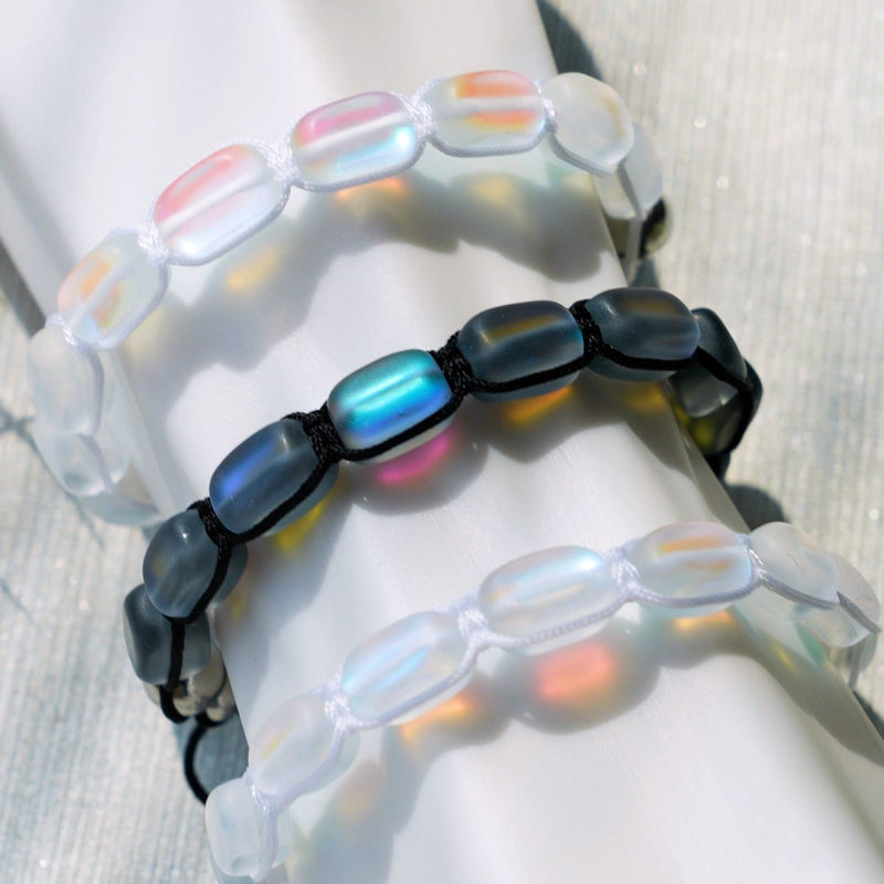 Rainbow White | Silver | Mermaid Glass Pebble Macrame Bracelet