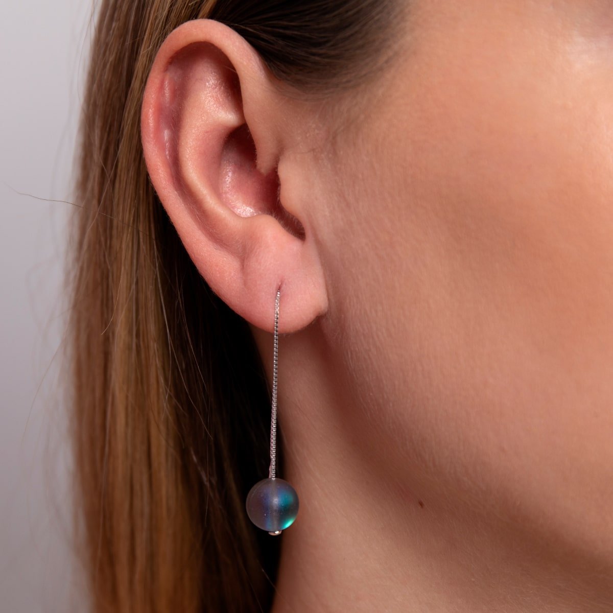 Grey | .925 Sterling Silver | Mermaid Glass Chain Drop Threader Earrings