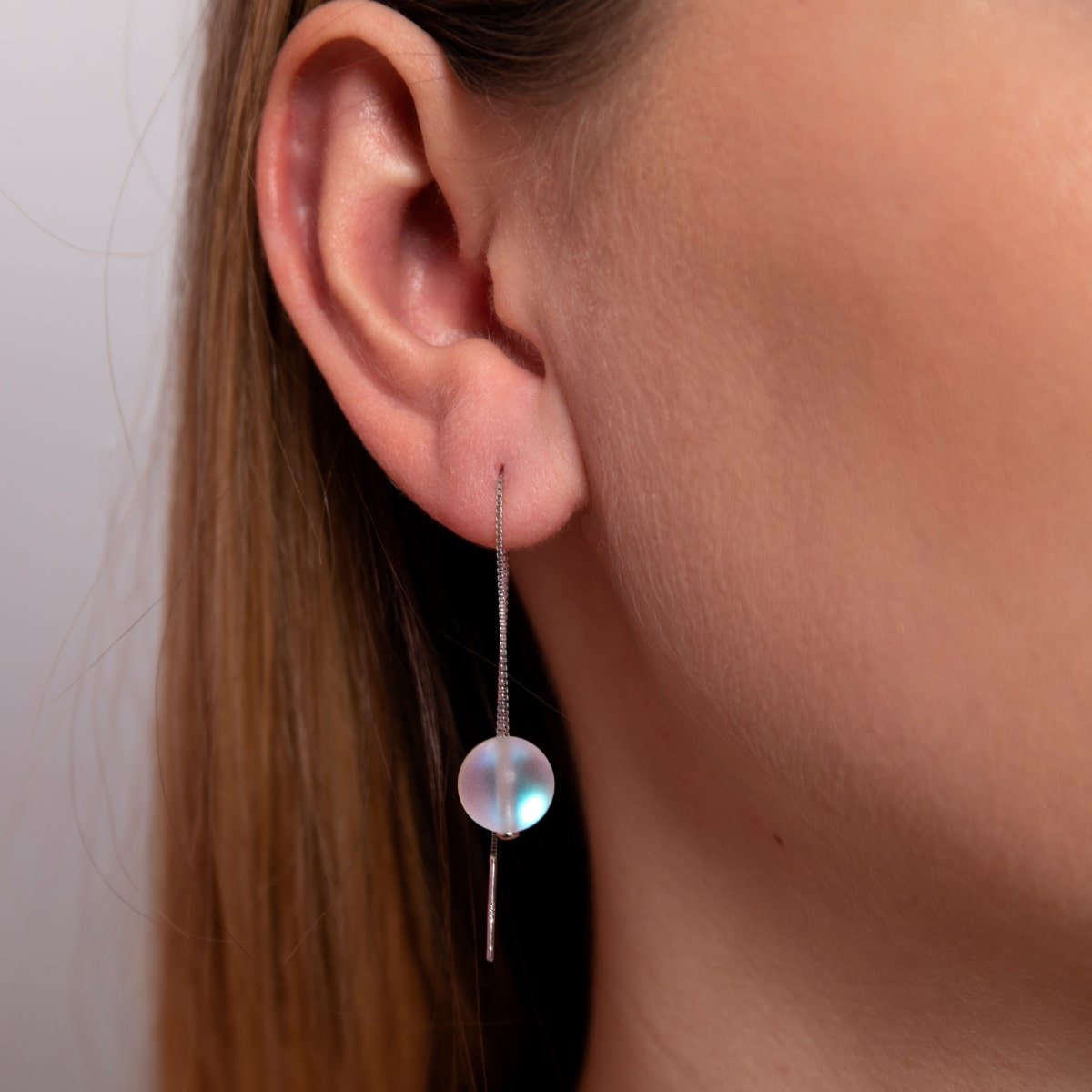 Rainbow White | .925 Sterling Silver | Mermaid Glass Chain Drop Threader Earrings