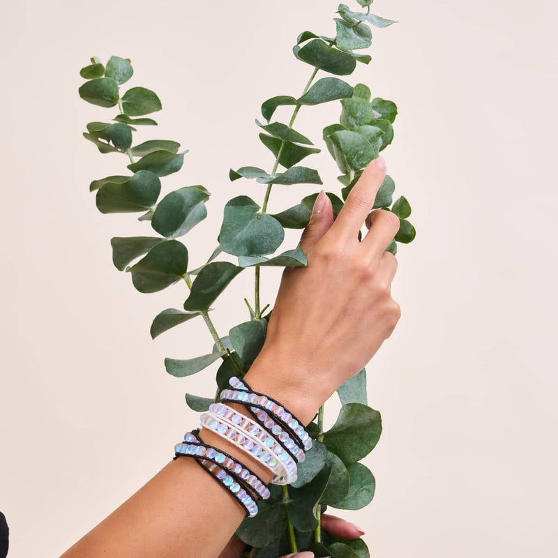 Rainbow White | Mermaid Glass | Black Linen Wrap Bracelet