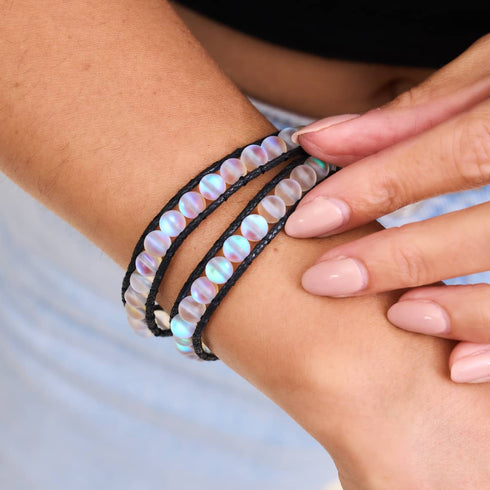 Rainbow White | Mermaid Glass | Black Linen Wrap Bracelet