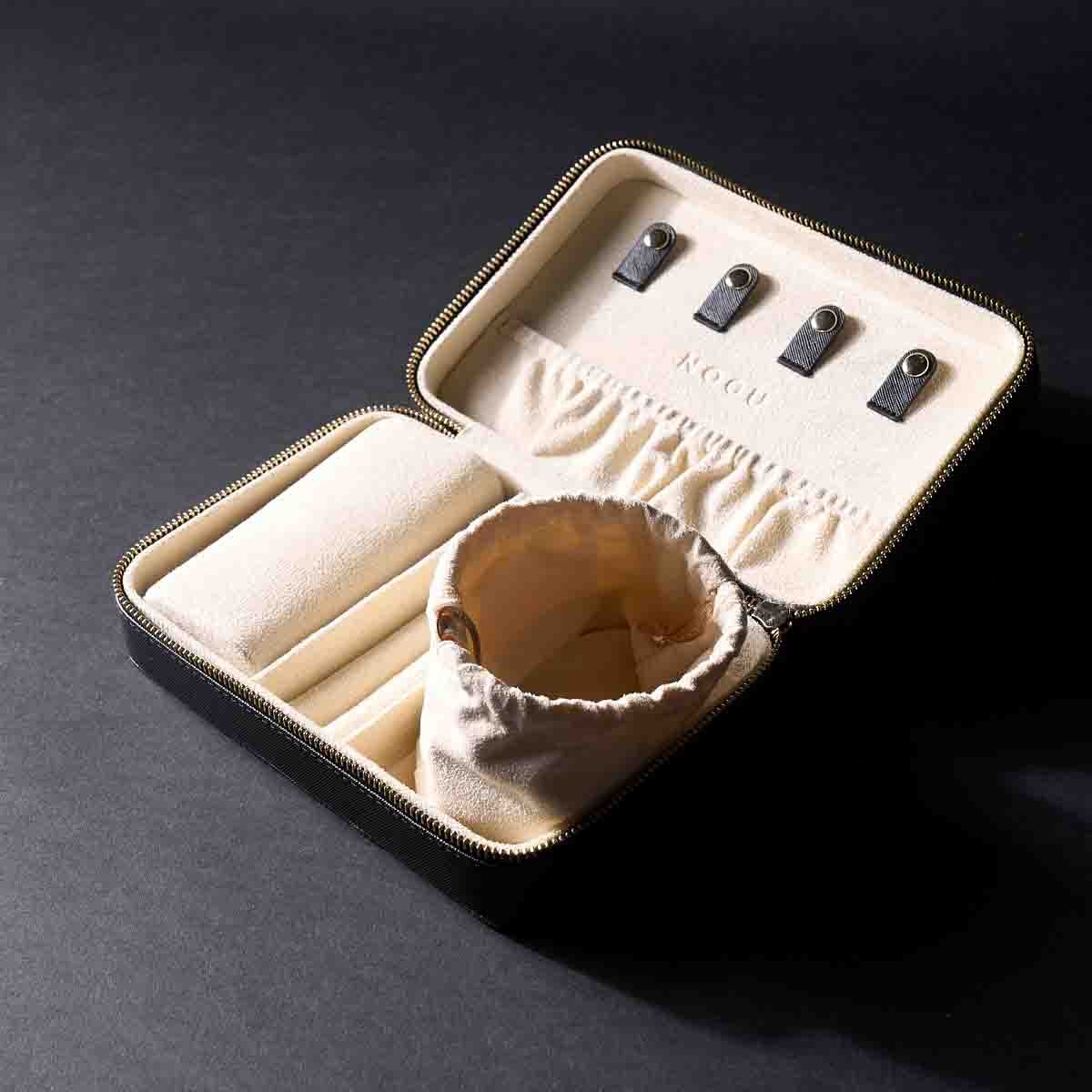 Jewelry Travel Case Deluxe open with cream velvet interior featuring four black snap hooks and drawstring pouch by NOGU