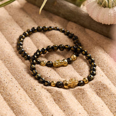 Mini Pixiu Feng Shui Bracelet | CARBON Element | Black Agate x 18k Gold