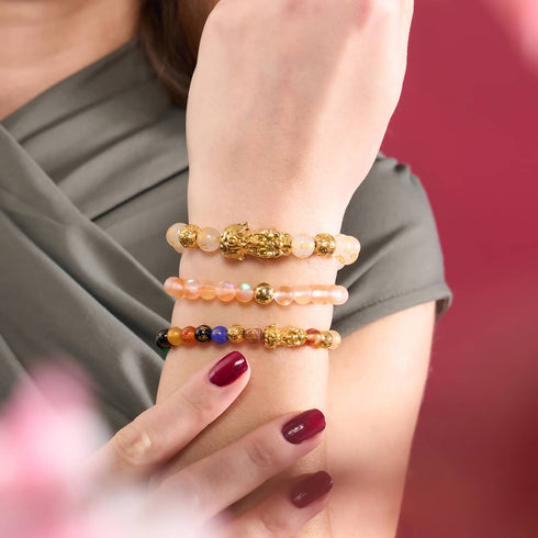 Pixiu Feng Shui Bracelet | GOLD Element | White Agate x 18k Gold