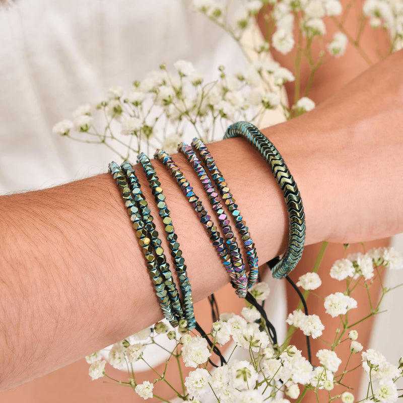 Mini Sacred Geom | Seafoam Hematite x Gunmetal | Triple Strand Bracelet
